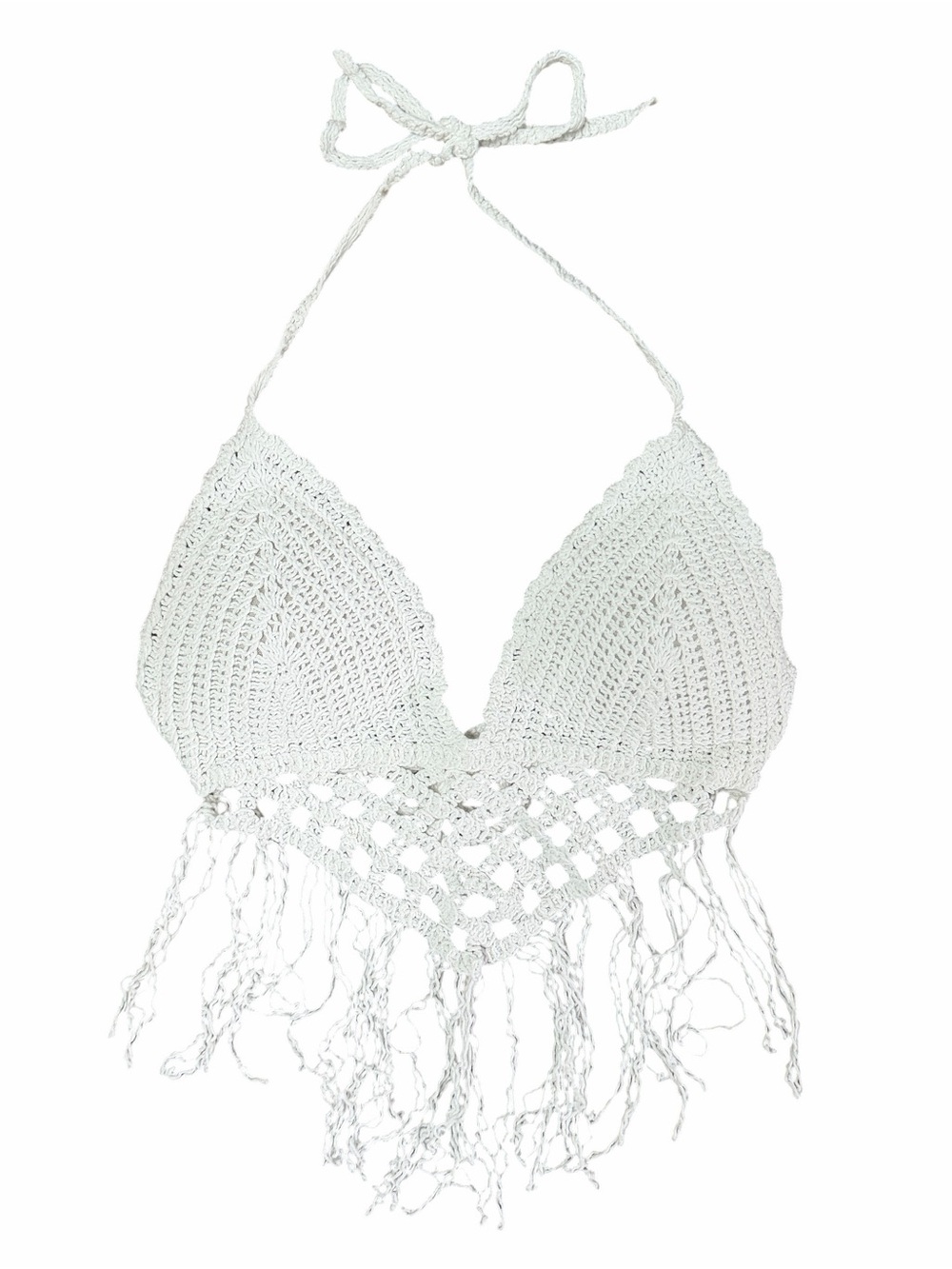 Small White Crochet Fringe Halter Tie Top